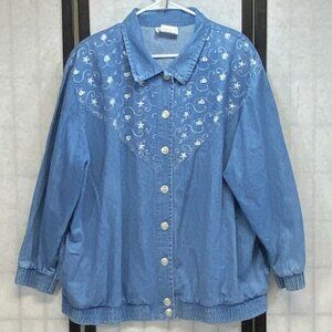 Vintage Teddi Embroidered Bomber Jacket Blue Denim Collared Button Up Front 2X